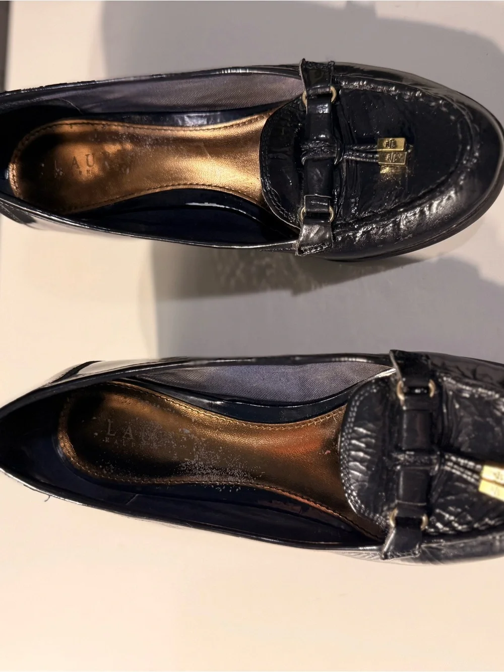 Lauren Ralph Lauren  navy  Patent Leather wedge Loafers with Gold Hardware